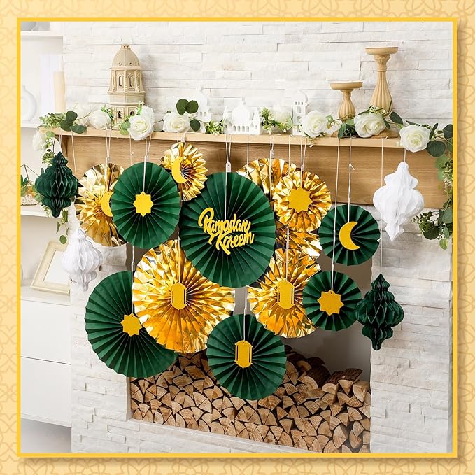 Epakh 29 Pcs Ramadan Decorations for Home Ramadan Hanging Paper Lantern Eid Wall Ceiling Decoration Honeycomb Paper Fan Eid Mubarak Home Decoration Birthday Wedding Party Supply(Green & Gold)