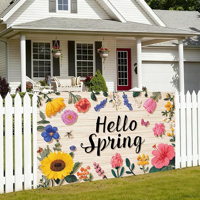 Hello Spring Backdrop 71''x 43'' Hello Spring Banner Flower Butterfly Backdrop Decorations for Photography Background Photo Prop Booth Party Decor