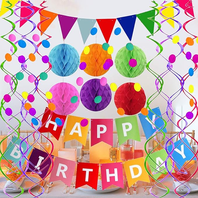Fecedy Happy Birthday Banner With Colorful Paper Flag Bunting Paper Circle Confetti Garland Swirl Streamers Honeycomb ball for Birthday Party Decorations
