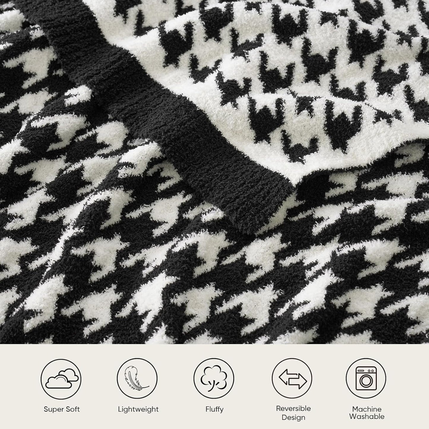 Snuggle Sac Houndstooth Throw Blanket for Couch, Reversible Super Soft Warm Blankets Cozy Knit Fuzzy Plush Lightweight Throws for Sofa, Bed, Camping, Black,50x60 inches