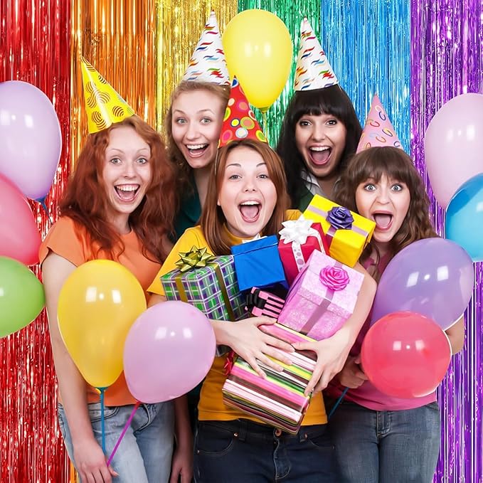 Rainbow Fringe Curtain Party Streamers 4Pack 3.3 x 8.3 Ft Foil Fringe Backdrop Curtains for Birthday Wedding Bridal Baby Shower Holiday Tinsel Streamers Rainbow Party Decorations Door Streamer