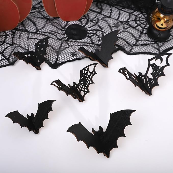 Agkvw Wooden Mini 3D Bats Table or Wall Decor – Set of 6 Halloween Bats Decor,Spooky Home Decor for Shelf or Mantle Sitter, 3D Wood Bats Set