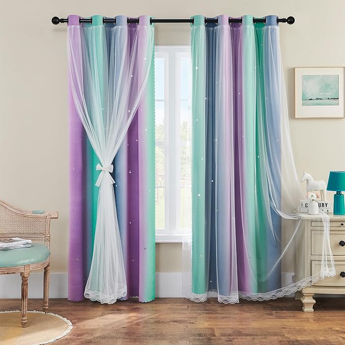 XiDi Purple Grey Curtains for Kids Bedroom Colorful Rainbow Design Cute Green Blackout Curtains for Girls Princess Room Decor Kitchen Cafe Window Grommet 2 Panels Set 54 inchs Long 34 Inches Wide