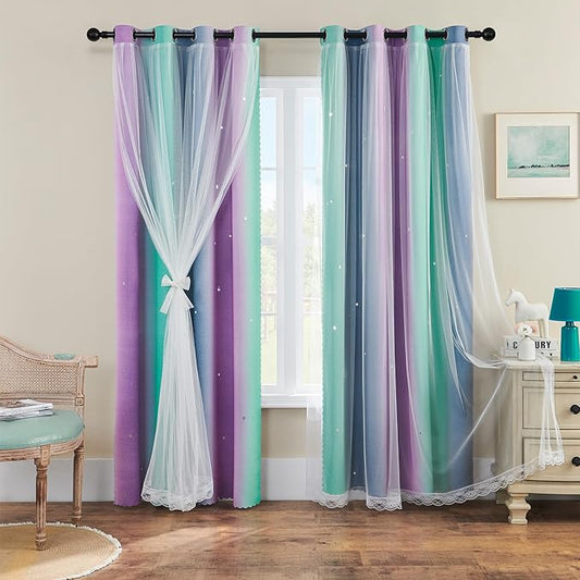 XiDi Purple Grey Green Curtains for Girls Bedroom 2 Panels Set, Rainbow Blackout Curtains for Kids Room Decor, Unicorn Wall Decals Drapes for Little Girl Nursery Room 63 Inches Long 52 Inches Wide