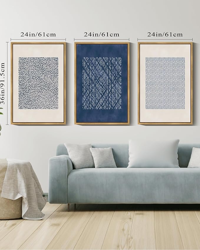 Drsoum Blue Mid-Century Modern Framed Wall Art Large 24x36in Minimalist Abstract Boho Wall Decor Geometric Artwork Kitchen Dining Room Black Framed