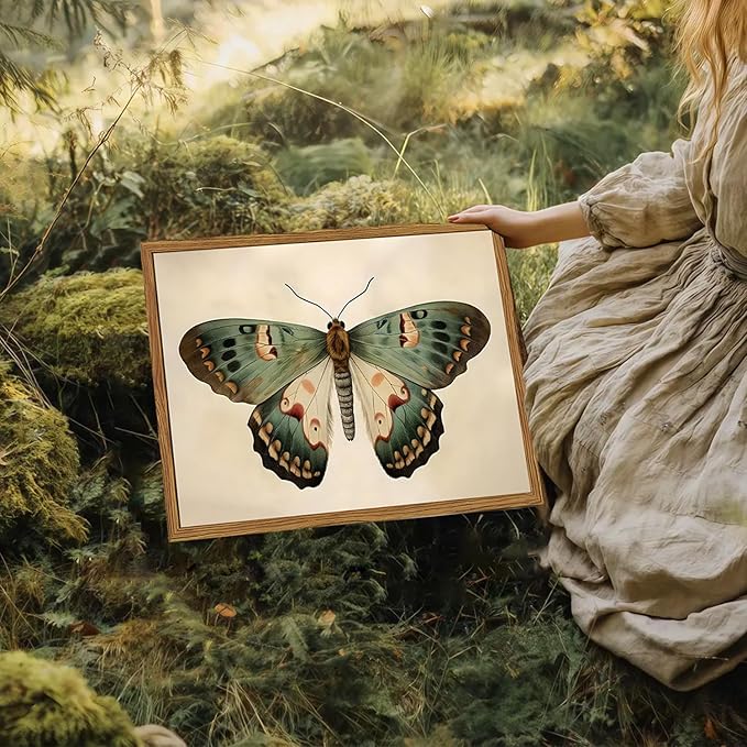 Framed Vintage Butterfly Canvas Wall Art, Moody Insect Wall Decor Paintings, Cottagecore Moth Artwork Pictures Prints Antique Home Decor for Living Room Bedroom Bathroom 16x24 inch
