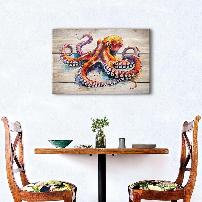 Watercolor Octopus Wall Art for Bathroom Canvas Marine Life Decor Sea Ocean Nautical Theme Picture Prints Underwater Animal Poster Sea Life Painting Artwork Living Room Office Decoration 16x24"