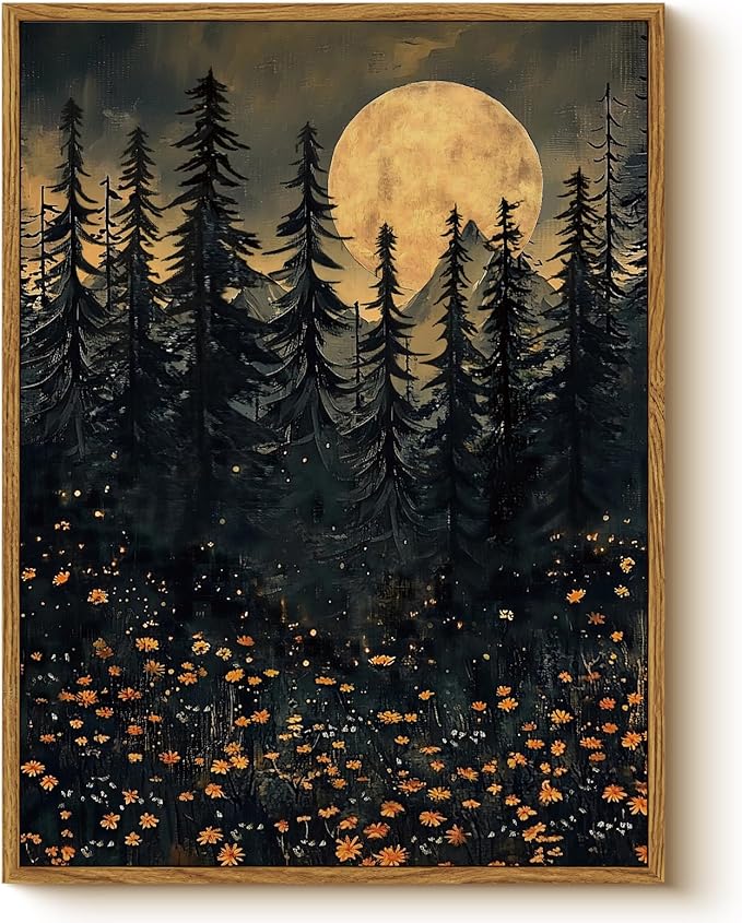 WHASAYART Framed Dark Forest Pine Trees Yellow Flowers Wall Art 12x16, Autumn Night Sky Full Moon Wildflowers Canvas Print, Rustic Fall Nature Gothic Aesthetic Halloween Bedroom Living Room Decor