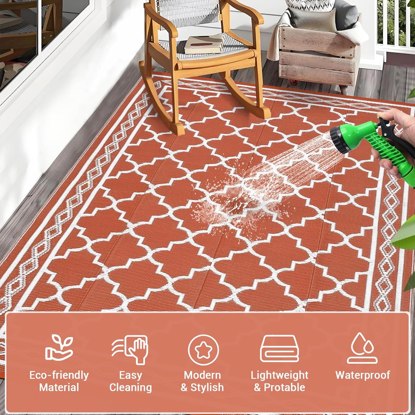 GAOMON Outdoor Plastic Straw Rug, 10'x20' Reversible Sage Green Patio Mat, Flower Modern Design for RV, Backyard, Deck, Camping, Picnic, Orange/White(Geometric)