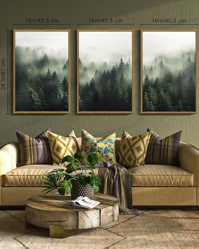 SHENIFY Green Fog Pine Tree Forest Canvas Wall Art Large 16x24in Framed Nature Modern Artwork Prints Decor - Natural Framed