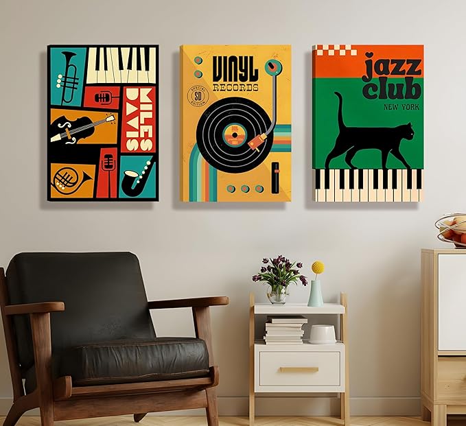 Framed 3pcs Retro Jazz Music Wall Art Vintage Vinyl Records Paintings Musical Instruments Black Cat on Piano Canvas Prints Poster for Living Room Bedroom Music Room Decoration