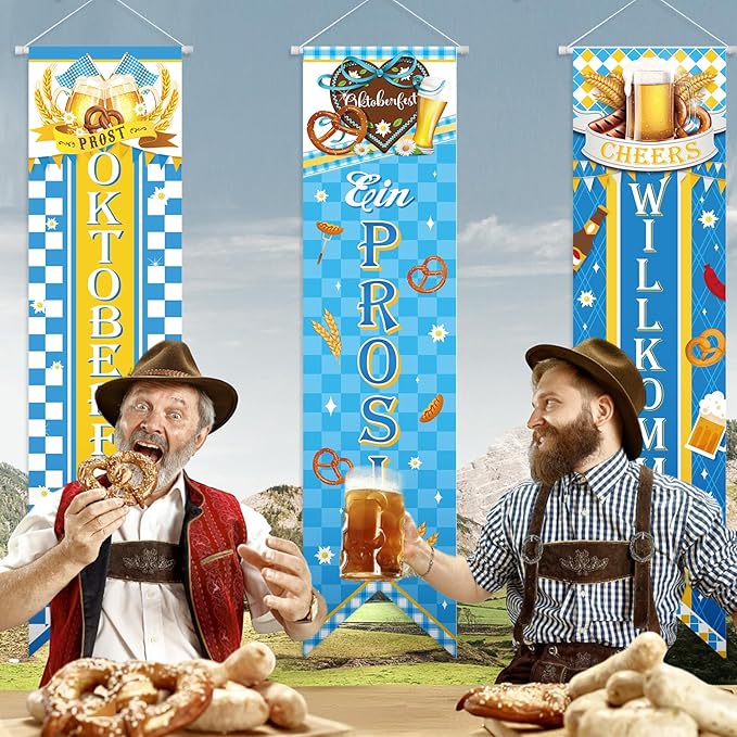3 Pieces Oktoberfest Party Decorations Bavarian Banners Oktoberfest Prosit Welcome Porch Signs Festival Hanging Backdrops for Home Bar German Party Indoor Outdoor Wall Door Decor