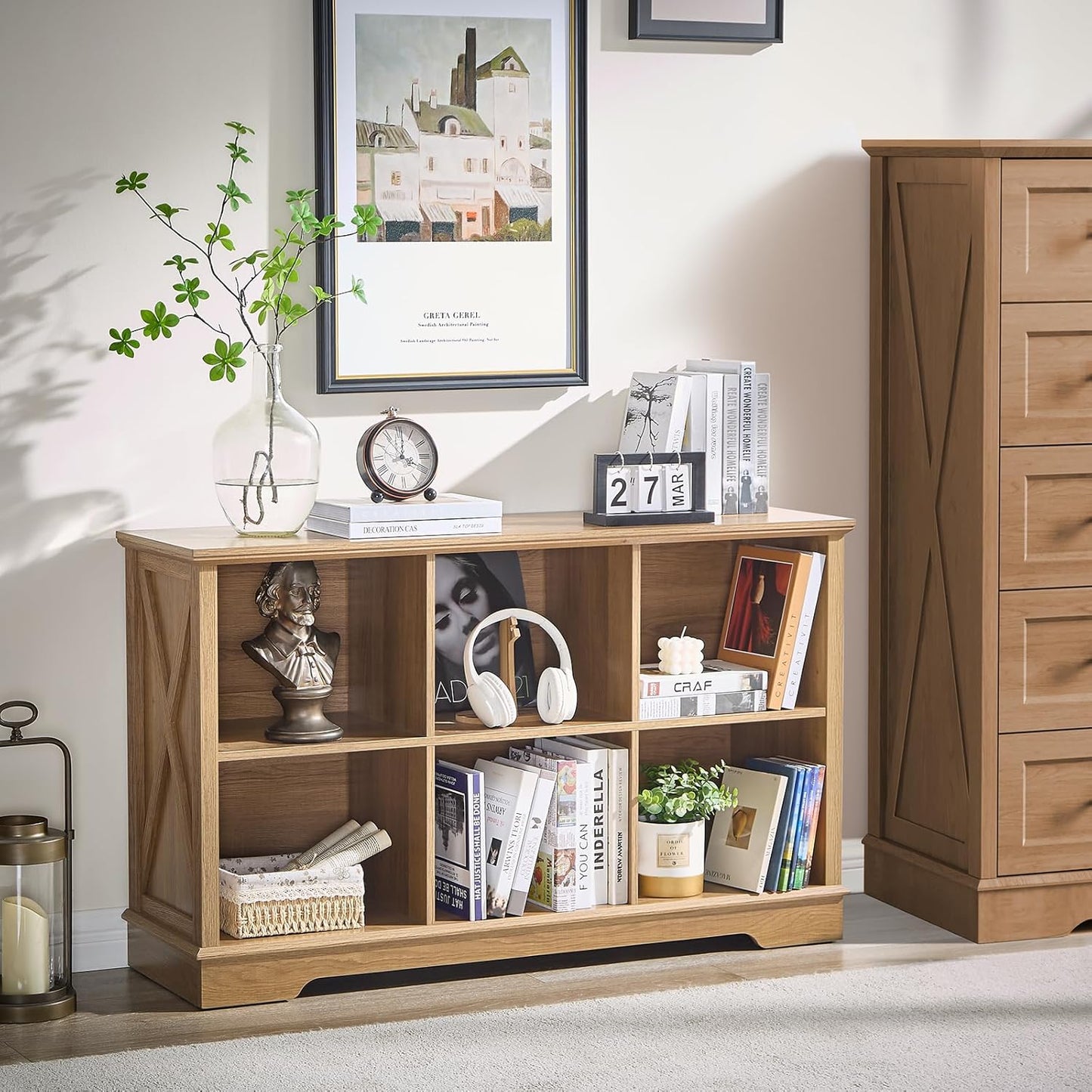 Farmhouse 6 Cube Bookshelf, Storage Organizer Bookcase, Kids Toy Storage Cabinet, Long Bookshelves Storage Organizer Shelf, Wood Display Cabinet Book Shelves for Bedroom,Living Room,Natural Oak