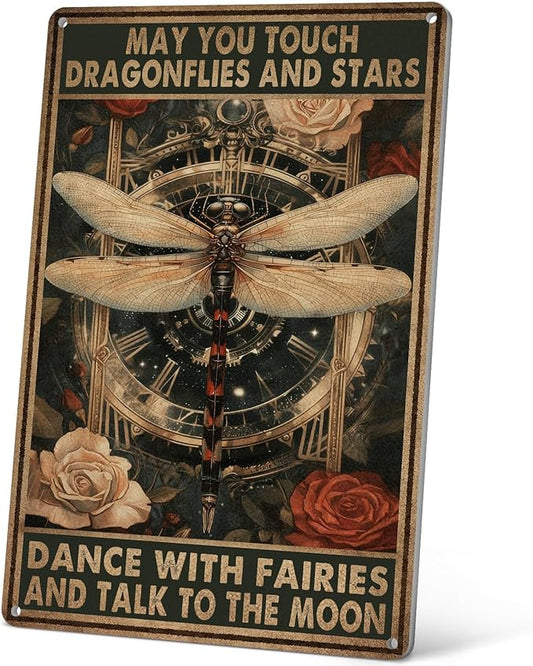 HYBLOM Dragonfly Decor Dragonfly Gifts for Women - Fairy Wall Decor for Bedroom Home Garden - May You Touch Dragonflies And Stars Vintage Metal Signs 12x8 Inch