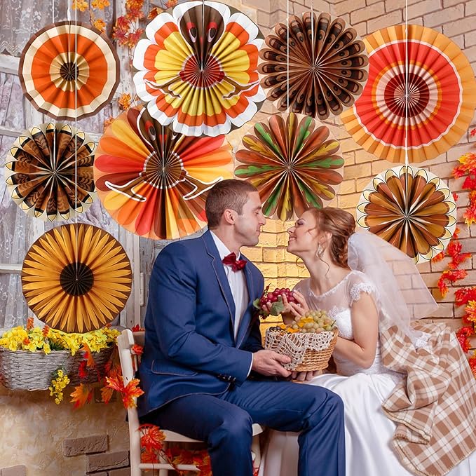 Outus 9 Pcs Thanksgiving Party Decorations Paper Fans Hanging Turkeys Thanksgiving Birthday Decorations Turkey Maple Leaves Hanging Ceiling Decor Fall Autumn Birthday Wedding Party Classroom Office