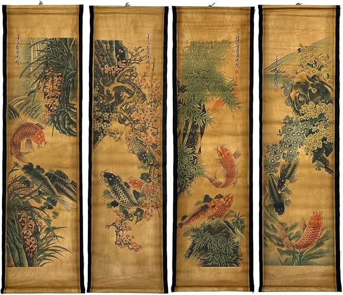 4PCS/Set Wall Scroll Hanging Painting Decor Japanese Koi Fish Flower Fengshui, Ancient Paintings Replica Asia Traditional Art, Attract Wealth Four Seasons