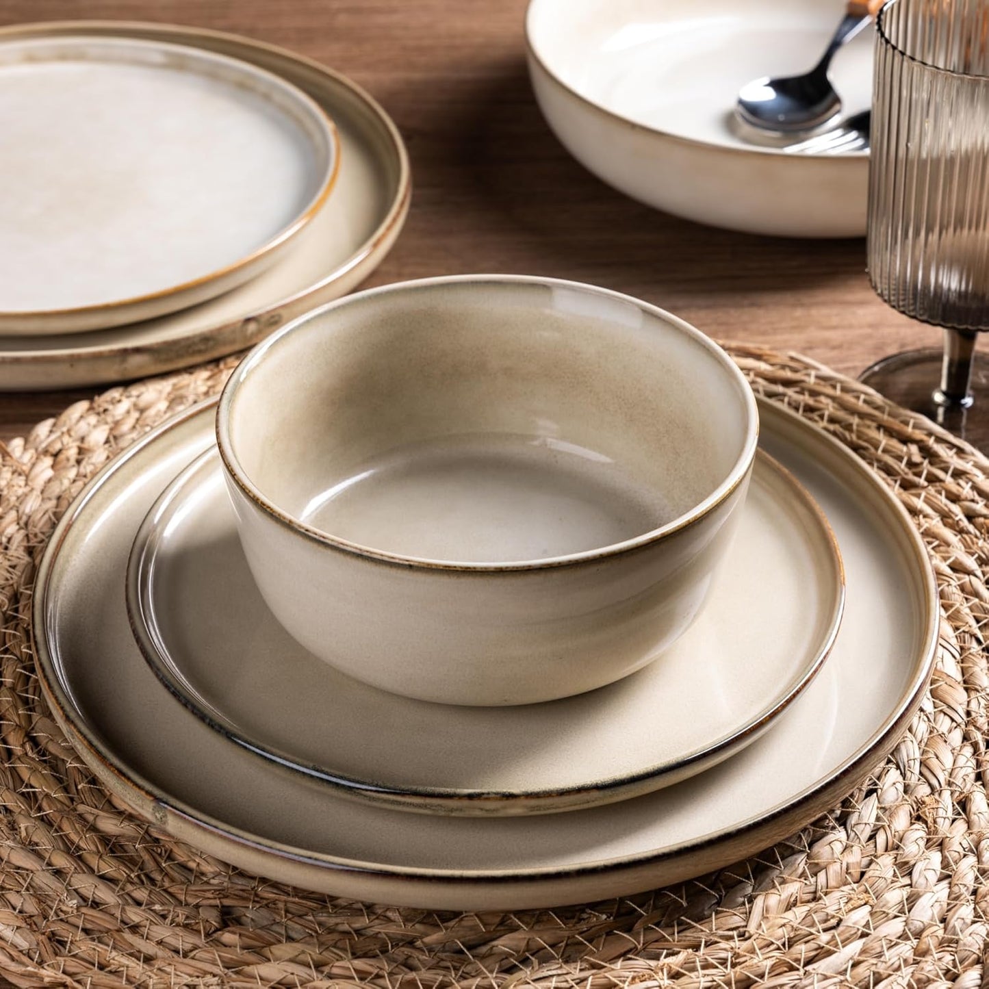 GBHOME Ceramic Dinnerware Sets for 4, 12 Pieces Stoneware Plates and Bowls Sets, Scratch Resistant Dishes, Dishwasher & Microwave Safe, Reactive Glaze-Cappuccino