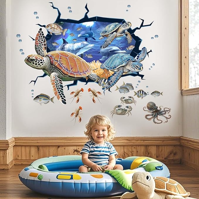 Sea Turtle Wall Stickers for Kids: Peel and Stick Under The Sea Marine Ocean Fish Wall Decals for Baby Nursery Kid Bedroom Toddler Room - Children Supplies Ages 1-12 Year Wall Decor