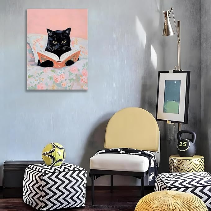 Framed Cats Canvas Wall Art, Funn Black Cat Reading Books Picture Wall Decor, Pink Vintage Animal Poster Prints for Girls Room Bedroom Kids Room Living Room Bathroom Decor 16x24 inch