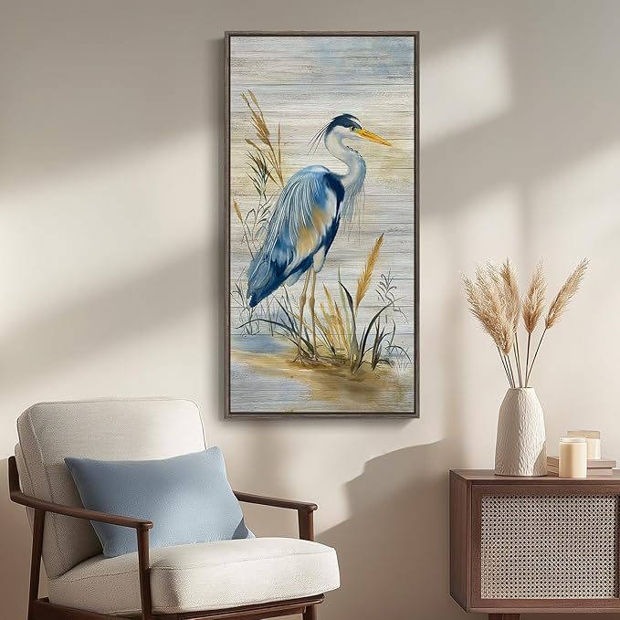 Framed Vertical Blue Heron Living Room Wall Art, Large Vintage Bird Picture Artwork for Walls, Coastal Heron Farmhouse Vertical Canvas Print for Office Kitchen Foyer Stair Hallway Wall Decor, 20x40 In
