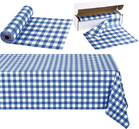 Kochorie 54 Inch x 100 Ft Blue Checkered Plastic Table Cloth Roll Disposable Waterproof Table Cover Plastic Table Cover Roll with Easy Slide Cutter for Outdoor Picnic/Home Dining/Summer Party