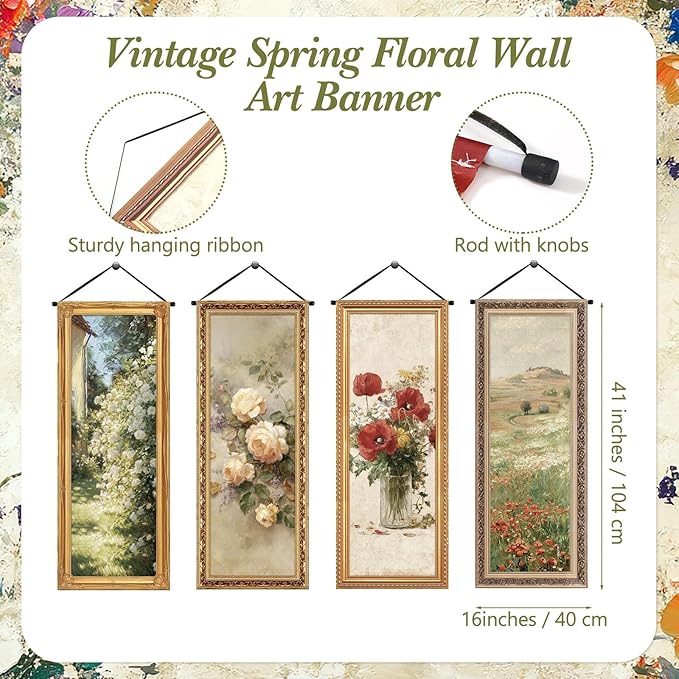 Tiamon 4 Pcs Vintage Floral Spring Wall Art Banner Spring Flower Country French Wall Decoration Nature Wildflower Porch Sign Backdrop for Floral Banner Landscape Farmhouse Indoor Outdoor Hanging Decor