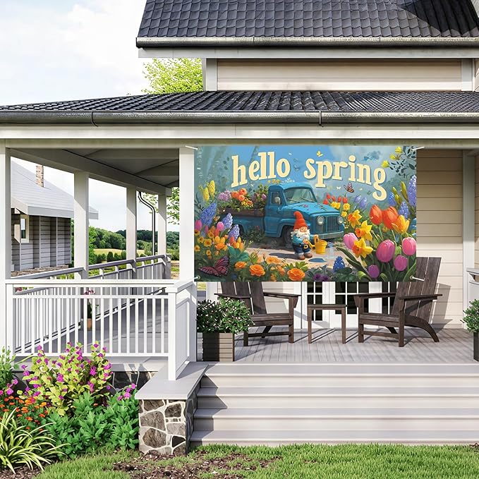 Hello Spring Backdrop 71'' x 43'' Hello Spring Banner Gnome Daisy Butterfly Backdrop Decorations for Photography Background Photo Prop Booth