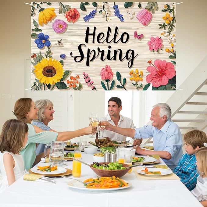 Hello Spring Backdrop 71''x 43'' Hello Spring Banner Flower Butterfly Backdrop Decorations for Photography Background Photo Prop Booth Party Decor