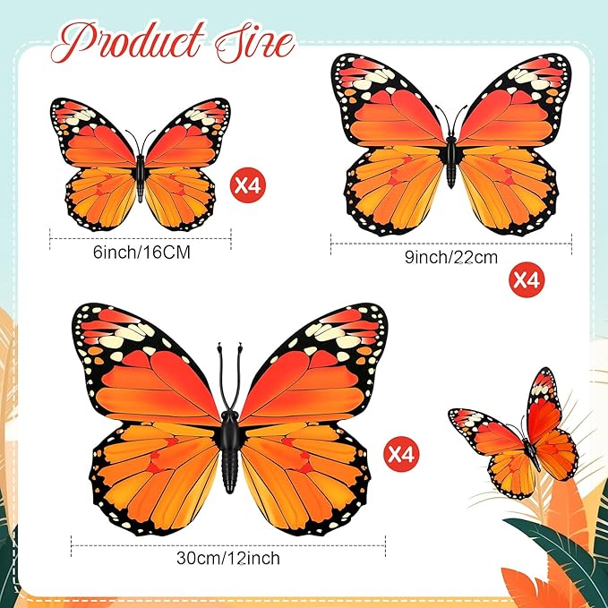 Chuangdi 12 Pcs Orange Large Monarch Butterfly Decorations 3 Size 12inch,9inch,6inch Fake Butterflies Realistic Butterfly Craft Artificial Mariposas Wall Decor for Craft Wedding Home Birthday Party