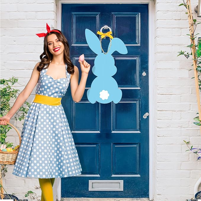 Juweked Easter Bunny Wooden Sign Easter Door Sign with String Easter Decorations Bunny Door Hanger Easter Wall Hanging Easter Bunny Banner Easter Rabbit Decor Easter Party Supplies (Blue)