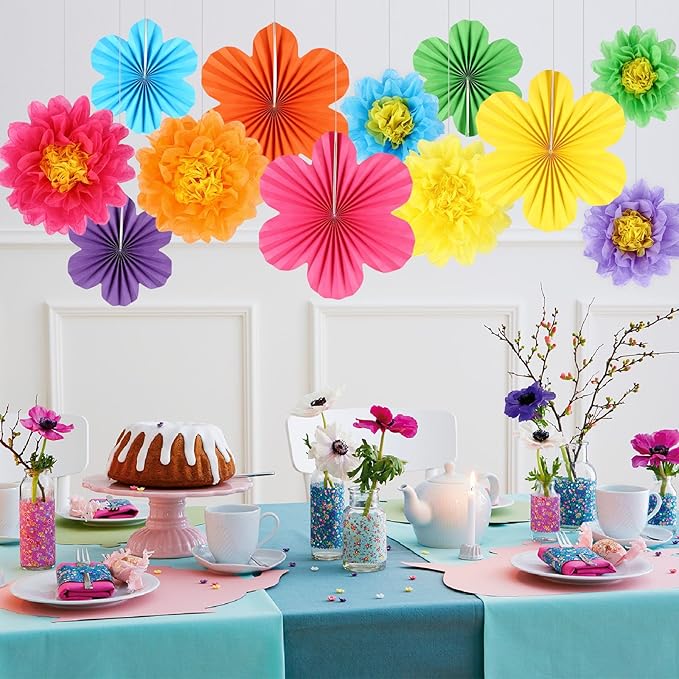 BestoFun 12PCS Tissue Paper Flower Fans for Mexican Party Decorations – Colorful Fiesta Decor for Cinco de Mayo, Birthday, Wedding, Baby Shower, Holiday Parties