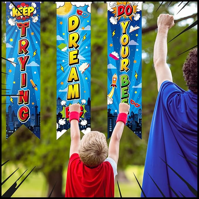 3 Pieces Hero Party Decorations Hero Wall Banners Porch Signs Backdrops Inspirational Cityscape Photography Background for Theme Birthday Party Baby Shower Classroom Decorations