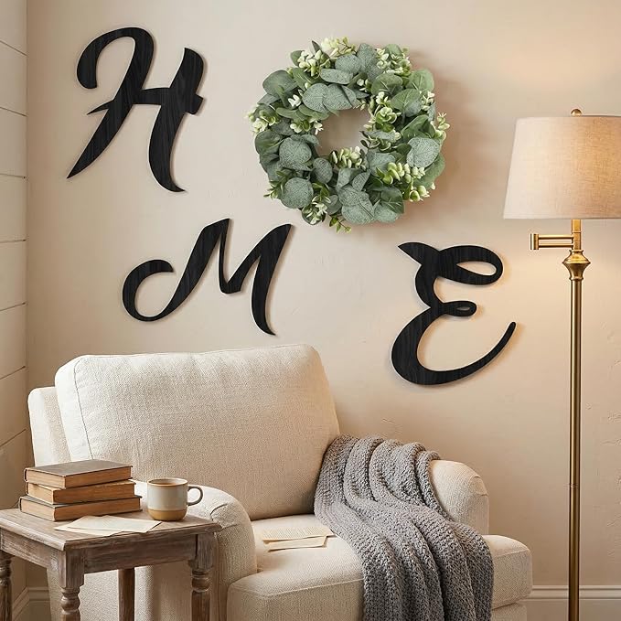 Wood Home Sign with Artificial Eucalyptus Wreath for O, Hanging Farmhouse Wall House Decor Wood Letters for Wall Art Rustic Home Decor, Wall Decor for Living Room Kitchen Entryway (Black)
