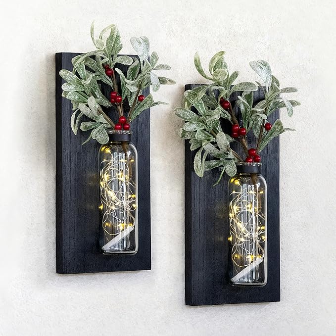 2 Pack Wall Planters for Indoor Plants, Wood Glass Decor for Bathroom, Bedroom Living Room, Modern Farmhouse Wooden Pocket Wall Vases for Dried Flowers and Plastic Plants (Black)