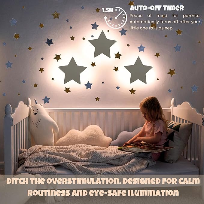 Star Wall Lights 2 Pack – Dimmable & Rechargeable for Kids & Baby Room Decor – Made for Bedtime Routines (Moon & Star Decals Included)