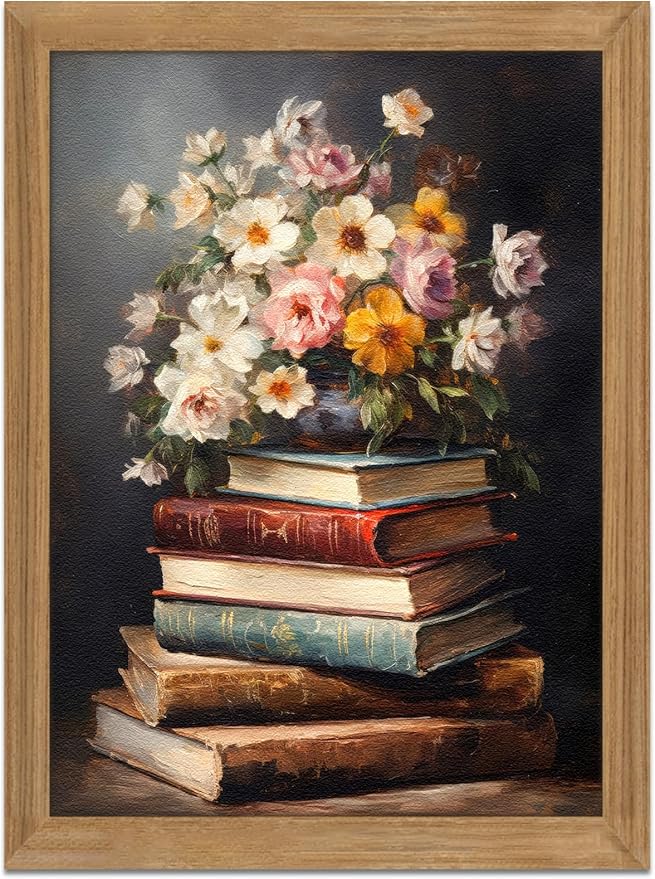 Framed Vintage Floral Wall Art - 3D Textured Flowers Books Sandstone Hand Drawn Art Oil Painting - Minimalist Botanical Wall Decor for Bedroom Living Room Office Decor 16X24in