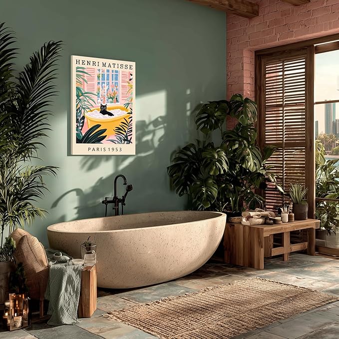 IAFWZX Framed Funny Bathroom Wall Art, Humor Black Cat In Bathtub Wall Decor, Vintage Henri Matisse Canvas Painting, Whimsical Cute Animal Poster Print for Living Room Bedroom 12"x16"