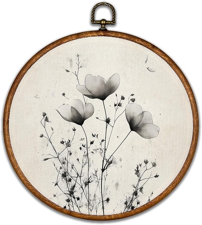 KSDUT Vintage Boho Mid Century Flower Floral Wall Decor Art - Black Botanical Neutral Wall Art Canvas Frame Hanging Prints, Retro Landscape Wildflower Round Wall Art Decor for Home Decorations 10"x10"