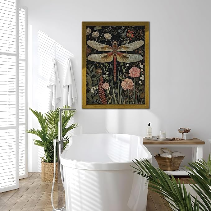 Framed Hand Drawn Sandstone Dragonfly Wall Art, Vintage 3D Textured Nature Botanical Wall Decor Pictures, Pink Flowers Print Painting for Living Room Kitchen Home Decor 12x16inch