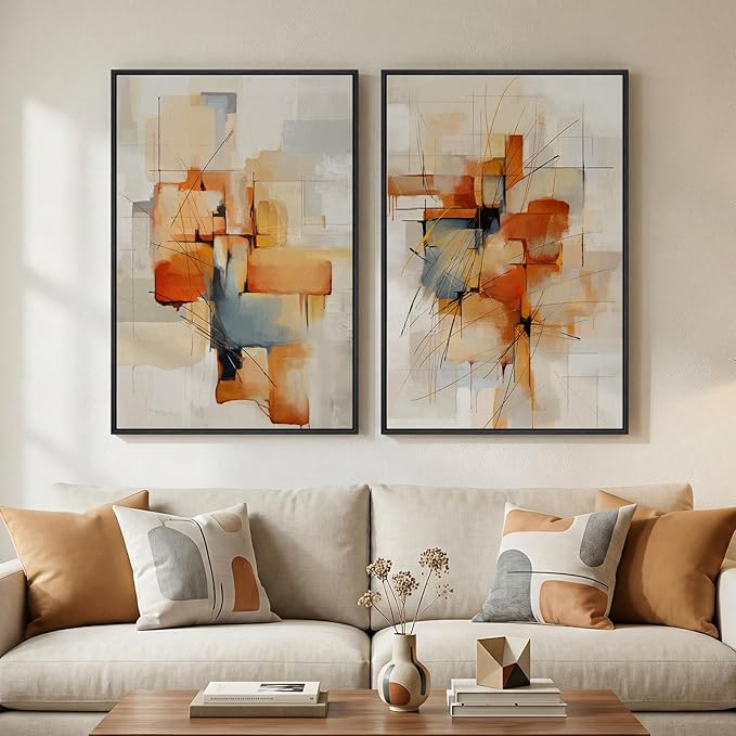 Large Framed Abstract Canvas Wall Art, 2 Piece Modern Prints Paintings Artwork for Walls, Minimalist Blue Orange Block Pictures for Living Room Dining Room Bedroom Hallway Wall Decor 24x36 In