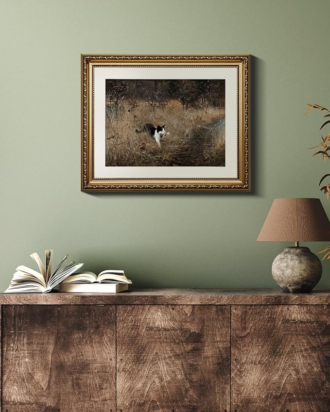 VIYYIEA Gold Framed Vintage Black Cat Holding A Bird Wall Art, Rustic Nature Scenery for Living Room Decor | No-Glass Design, Textured Canvas Finish | Elegant Home Office Wall Art, 13x16 Inch.