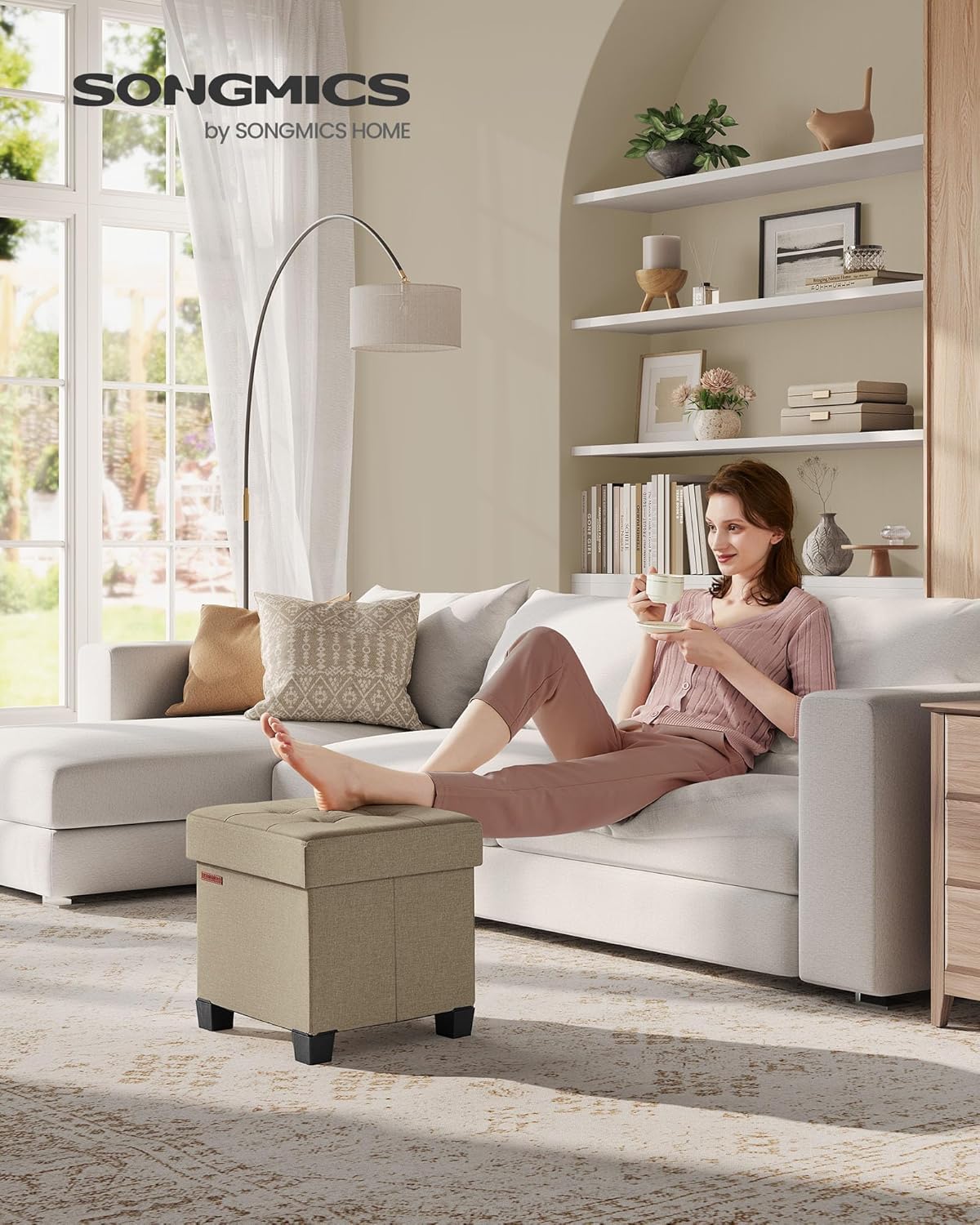 SONGMICS Storage Ottoman, Small Ottoman Foot Rest with Legs, 15 x 15 x 15.7 Inches Foot Stool, Load up to 660 lb, for Living Room, Bedroom, Dorm, Camel Brown ULSF014K01