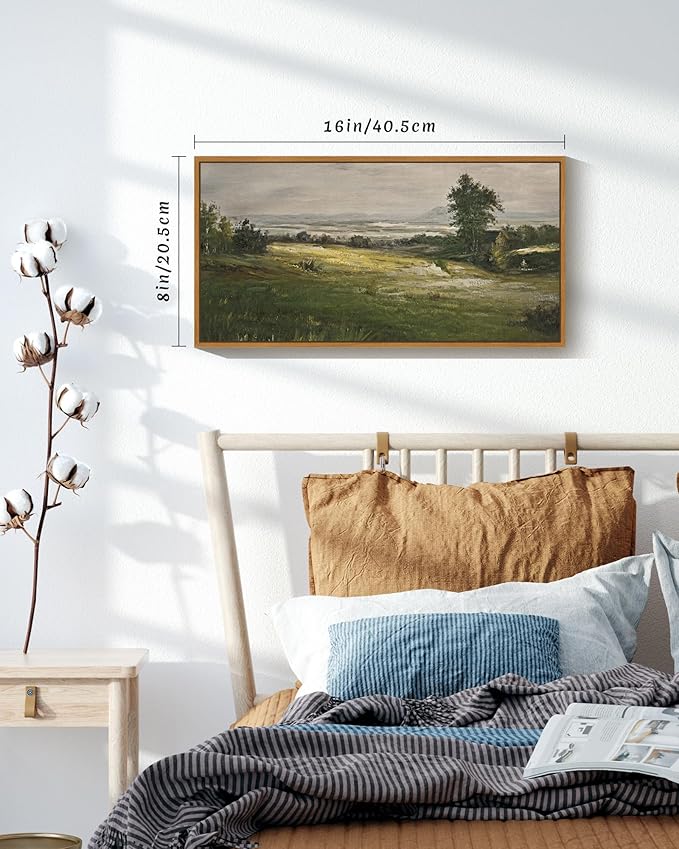 SHENIFY Vintage Framed Wall Art The Vast Grassland Wilderness Landscape Painting Retro Meadow Scenery Farmhouse Kitchen Living Room Decor - 8x16in Natural Framed