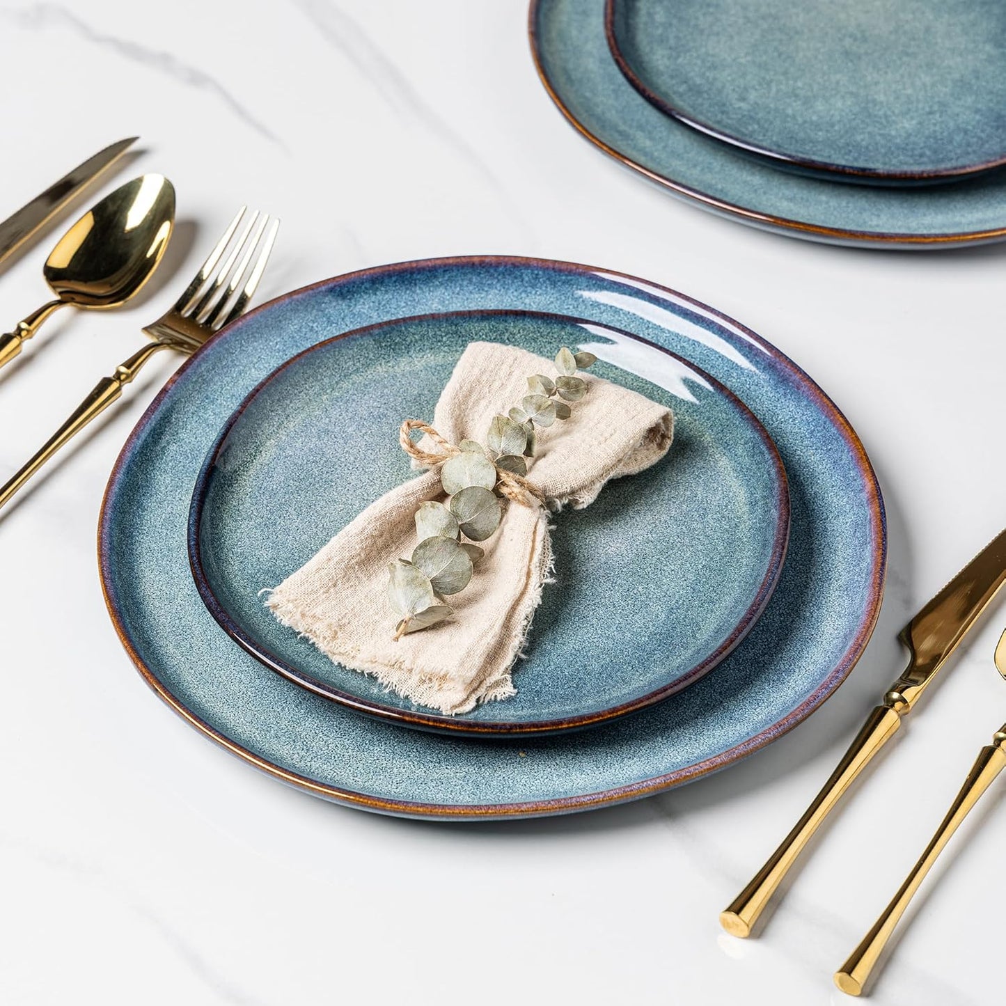 AmorArc Ceramic Dinnerware Sets,Handmade Reactive Glaze Stoneware Plates and Bowls Set,Highly Scratch Resistant | Dishwasher & Microwave Safe,Service for 4 Dishes Set - Reactive Blue(12pc)