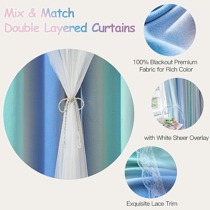 XiDi Blue Green Grey Blackout Curtains 63 Inches Long for Living Room Bedroom 2 Panels Double Layer Curtains Rainbow Kids Grommet Window Drapes for Nursery Princess Unicorn Wall Decals 52 Inches Wide