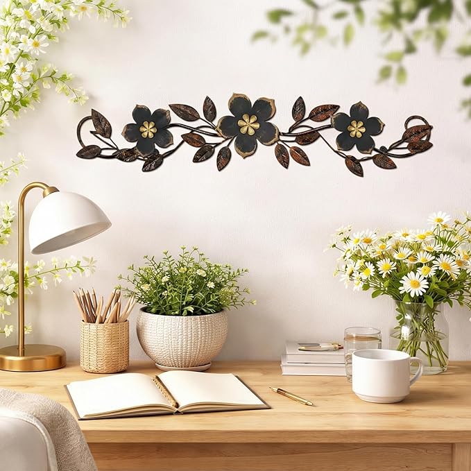Wesiti Metal Flower Wall Decor Vintage Spring Metal Flower Wrought Iron Scroll Sculpture 15.7''x3.7'' Farmhouse Leaf Wall Decor with Nails for Spring Living Room Bedroom Indoor Outdoor (Black)