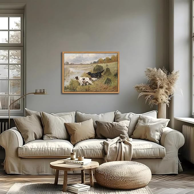 Floating Framed Vintage Hunting Dog Wall Art, Classic Countryside Landscape Canvas Print, English Setter and Gordon Setter Painting, Rustic Farmhouse Wall Decor for Living Room Study Office 16x24 inch