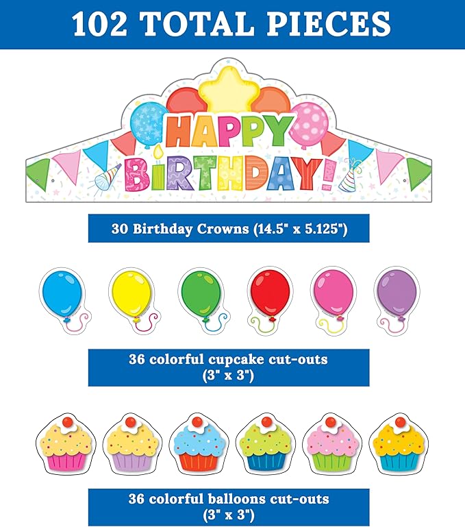 Carson Dellosa 102 pc Bundle of Birthday Decorations, Crowns, Colorful Balloons and Cupcake Cutouts for Party, Classroom, Bulletin Board, and Wall Decor