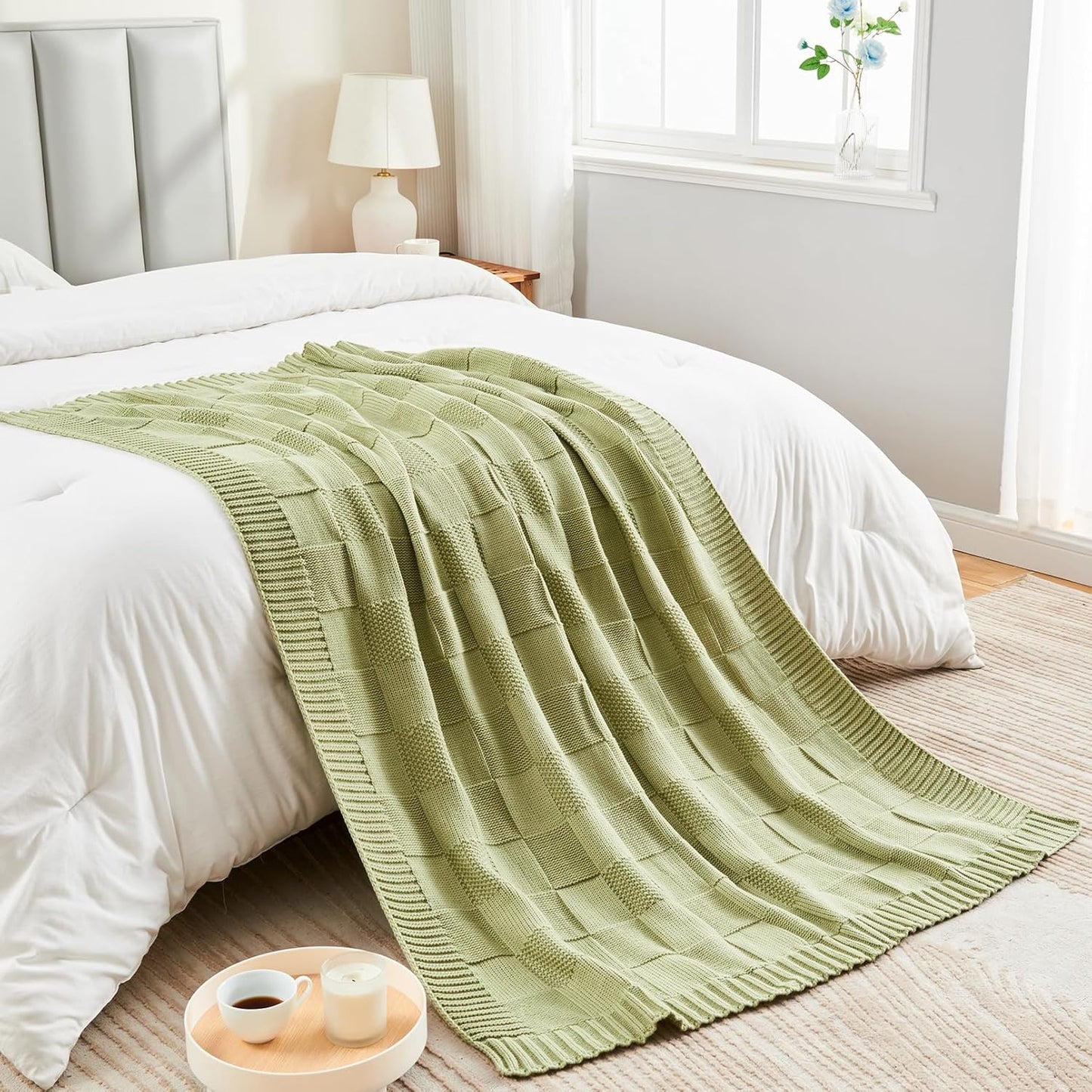 CozeCube Check Knit Throw Blanket, Sage Green Checkered Throw for Couch, Decorative Christmas Soft Cozy Warm Knitted Blanket for Bed Sofa Living Room, 60"X80"