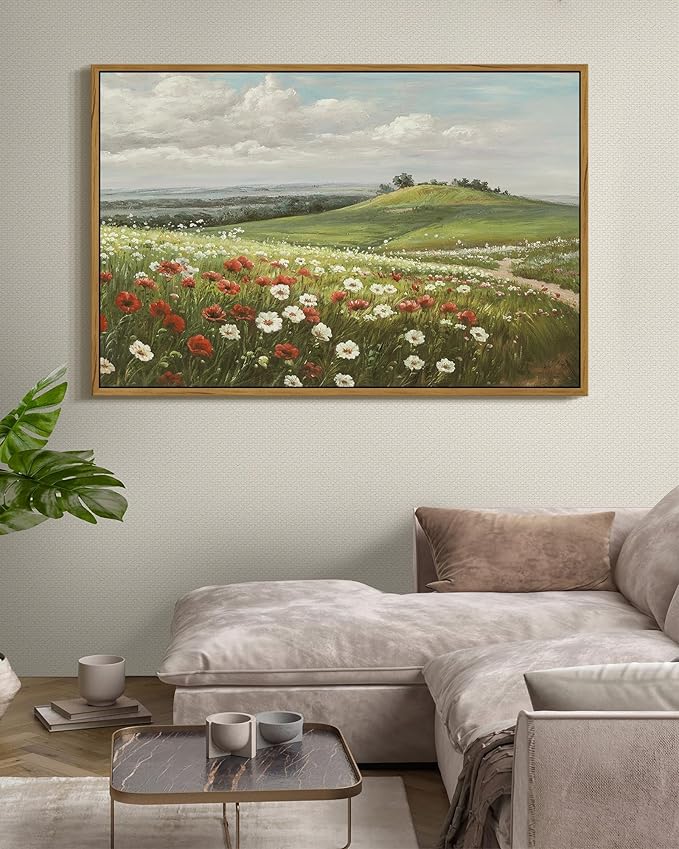 SHENIFY Vintage Landscape Framed Wall Art Meadow with Flowers Scenery Farmhouse Decor Rustic Retro Grassland Floral Field Painting for Hallway Living Room Bedroom - 24x36in Natural Framed